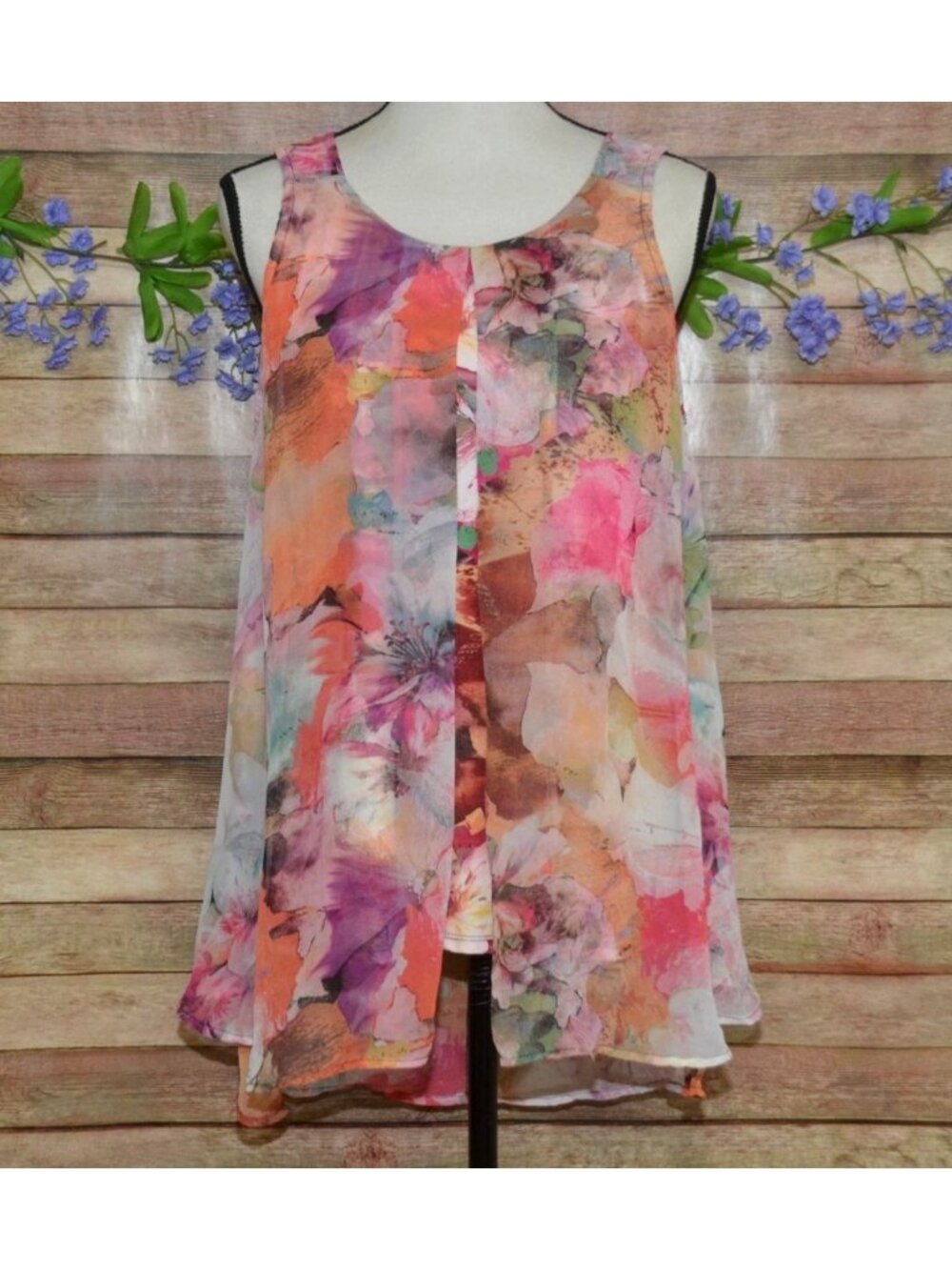 Roz & Ali Chiffon Overlay Tank Top Size L Watercolor Floral Pleated Art to Wear